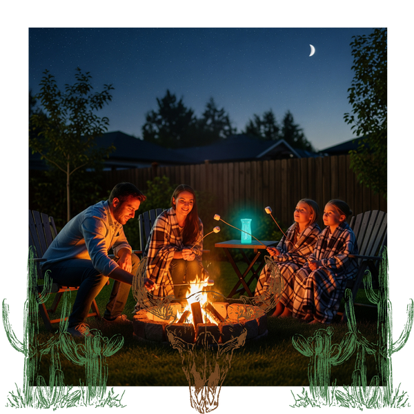 Family roasting marshmallows at night outside