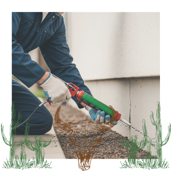 A person expertly seals cracks in a home's foundation with a caulking gun A person expertly seals cracks in a home's foundation with a caulking gun