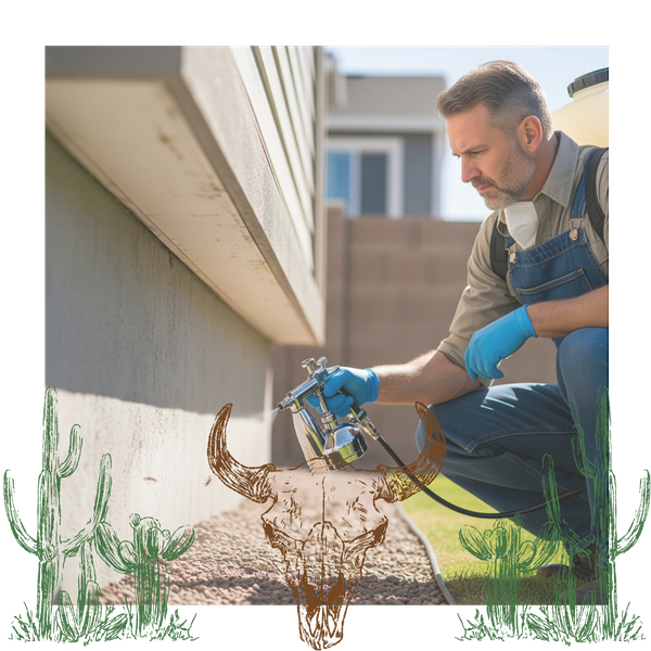 A pest control technician precisely applying scorpion deterrent treatment around the foundation of a house.