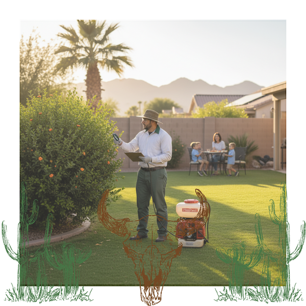 A professional pest control technician inspects a dense bush in a backyard with a clipboard, while a family is visible in the background, showcasing expert service.