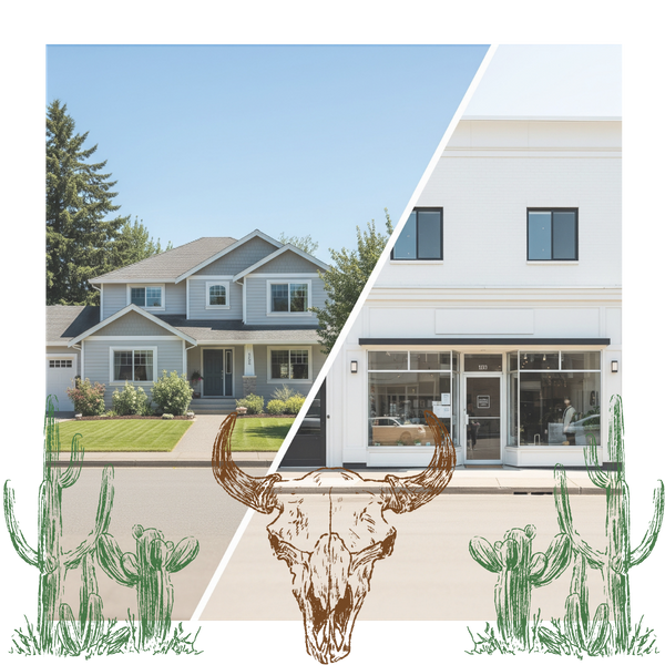 split-view image showing a clean residential house and the storefront of a modern local business