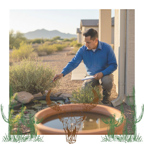 A male pest control technician, wearing a blue Property Pest Control shirt, kneeling and inspecting a small pond or water feature with lily pads and a terracotta pot in a desert backyard setting with mountains in the background.