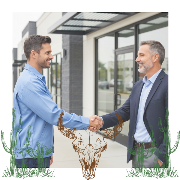 pest control expert in a clean uniform shaking hands with business owner 