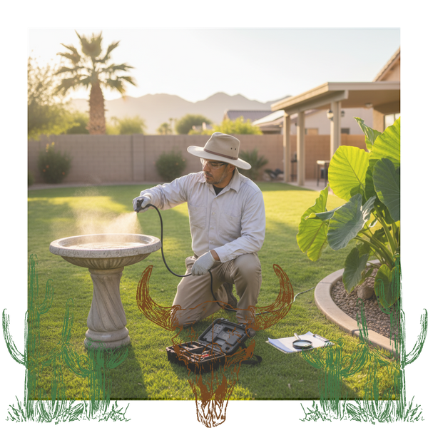 A pest control technician in a hat and uniform kneels to treat a bird bath, targeting standing water where mosquitoes breed, with a sprayer in a sunlit backyard.