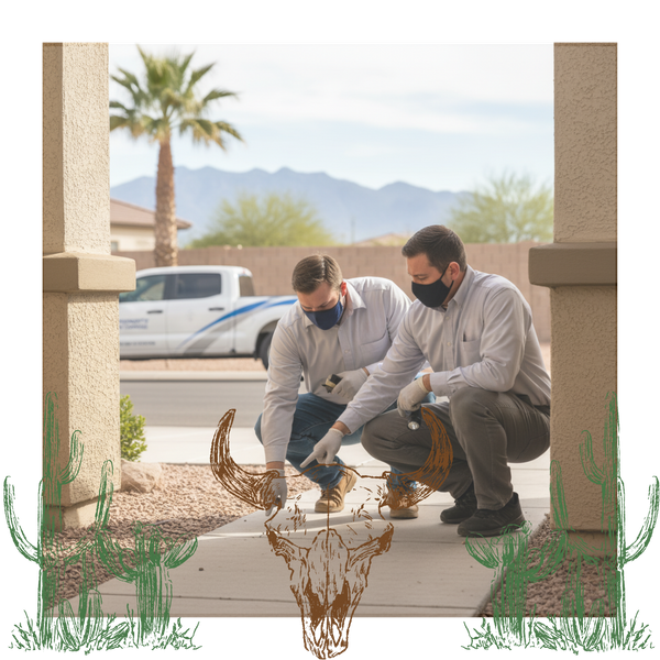 Two professional pest control technicians in branded shirts and face masks, one pointing, inspect the ground for pests in front of a residential home in Glendale or Buckeye, Arizona. A company truck is visible in the background.