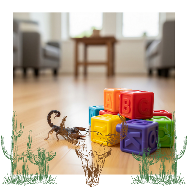 scorpion on a living room floor next to children's toy blocks scorpion on a living room floor next to children's toy blocks