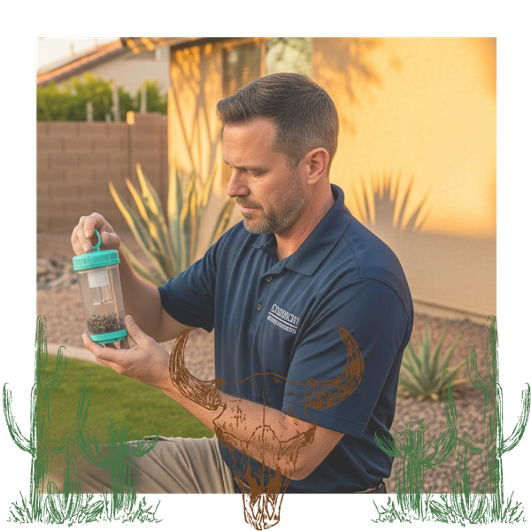 A professional pest control technician inspecting caught mosquitos in a residential backyard