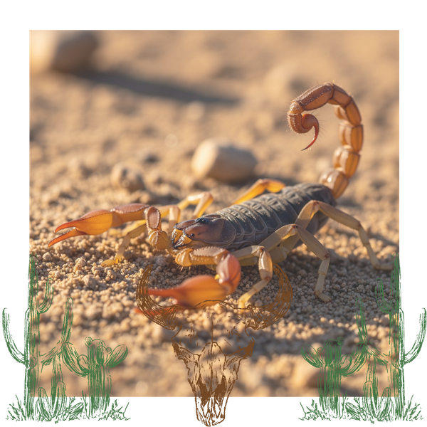 A close-up photograph of an Arizona Bark Scorpion on desert sand A close-up photograph of an Arizona Bark Scorpion on desert sand