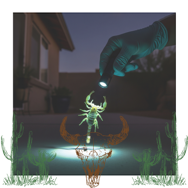 pest control technician using a blacklight to reveal a glowing scorpion