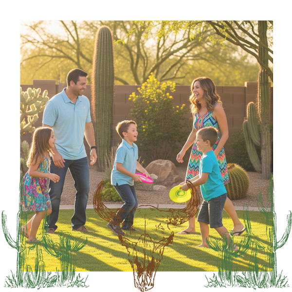 A family playing in a Queen Creek, AZ backyard