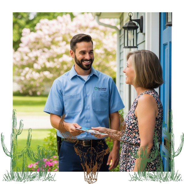 friendly pest control technician discussing service with a homeowner friendly pest control technician discussing service with a homeowner