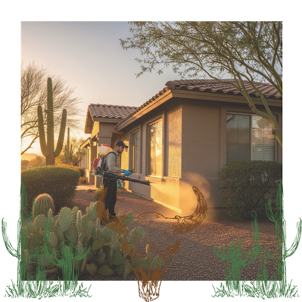 a technician applying a mosquito barrier treatment around the foundation of a house in Tempe, Arizona