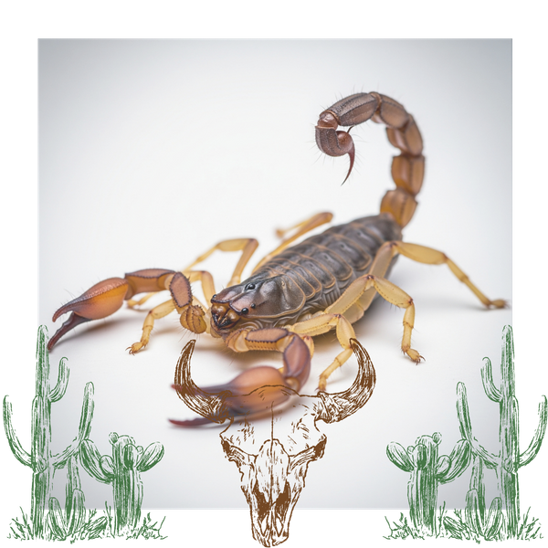 A detailed, close-up stock photo of an Arizona Bark Scorpion on a clean, light-colored surface.