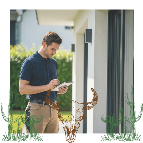 pest control technician carefully inspecting the outside of a modern home 