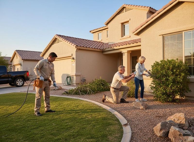 A pest control worker sprays near a house, while an older couple trims bushes in their gravel and grass yard. Pest control technician and couple doing yard work at a house