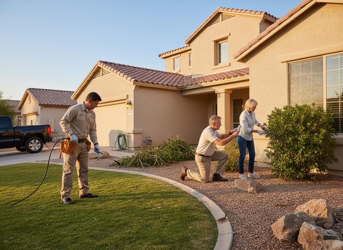 Pest control technician and couple doing yard work at a house