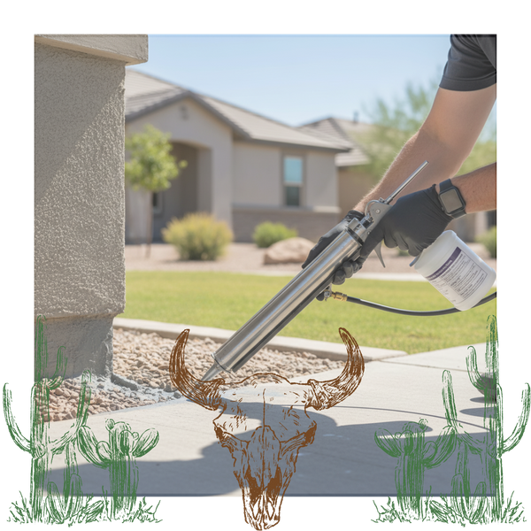 A close-up of a pest control technician in black gloves applying a sealant with a caulk gun along the base of a house's exterior to prevent pest entry, with a pest control spray bottle visible nearby.