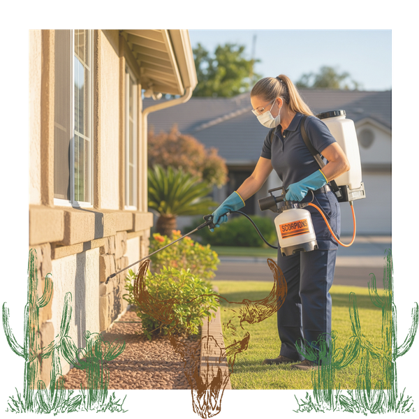 A pest control technician applies a targeted scorpion treatment to the foundation of a residential property. A pest control technician applies a targeted scorpion treatment to the foundation of a residential property.