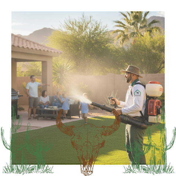 A pest control technician applies a mosquito treatment with a backpack sprayer in a sunny backyard, while a family relaxes safely in the background, enjoying their pest-free outdoor space.