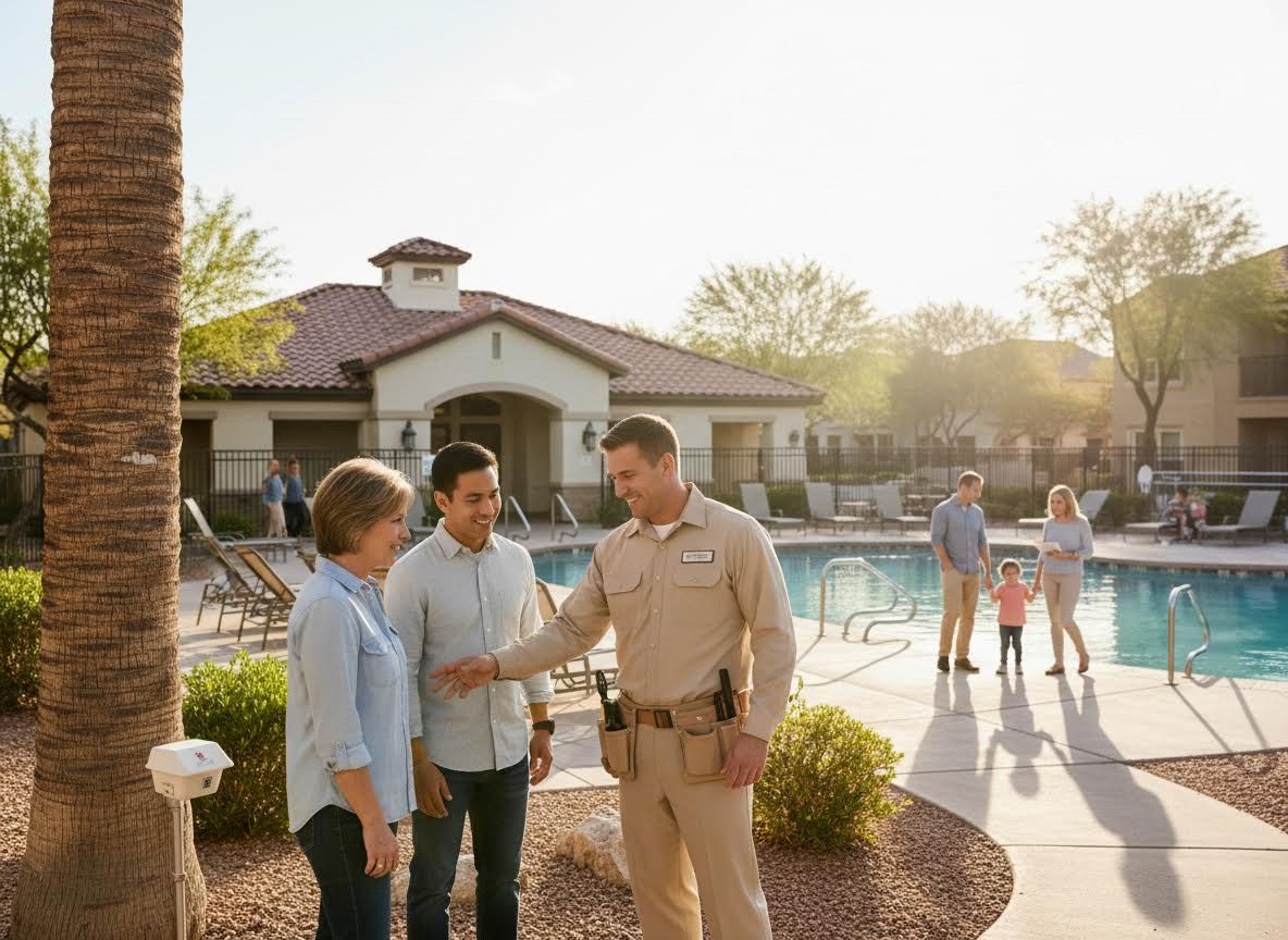 Service technician speaking with residents by a community pool