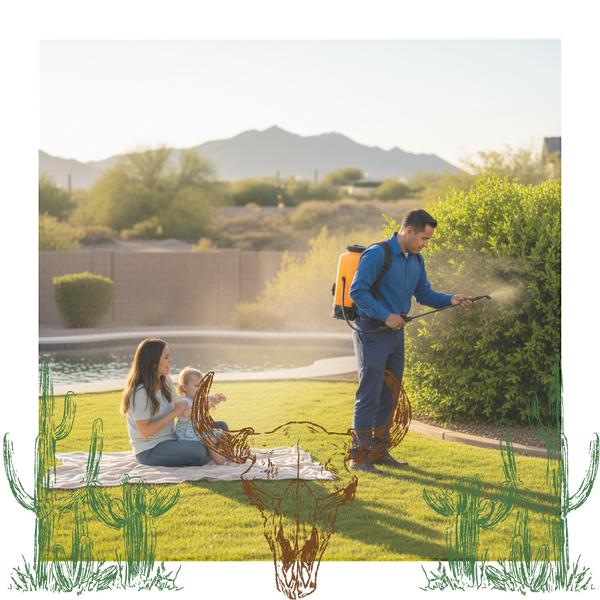 A professional pest control technician in a blue uniform spraying bushes in a lush backyard with a family, including two parents and two young children, walking in the background near a swimming pool and mountains.