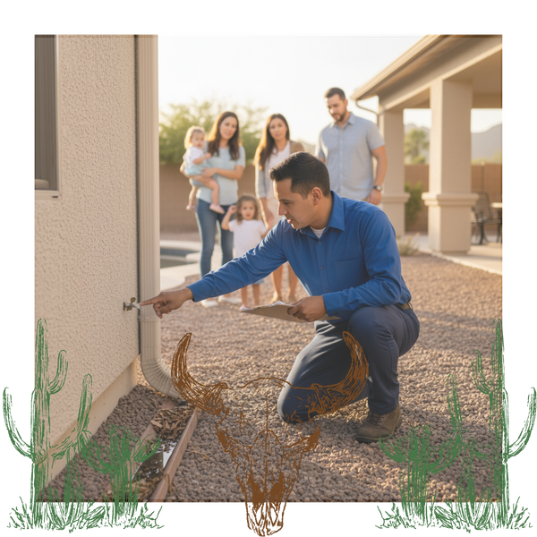 A Property Pest Control technician kneeling and pointing at a downspout and gutter runoff with standing water and leaves, while a family (two adults and two small children) observes in the background, in a sunny backyard setting.