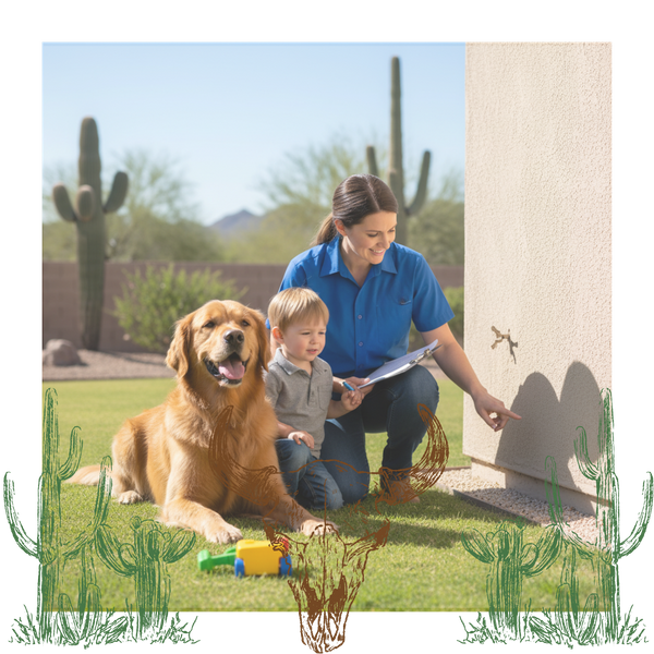 A friendly female pest control technician in a blue uniform, pointing out a potential pest entry point on a house foundation to a small child, with a happy golden retriever dog lying on the grass nearby, suggesting pet and family-friendly service.