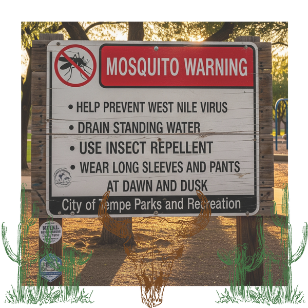 A mosquito warning sign in a park, advising on prevention methods.