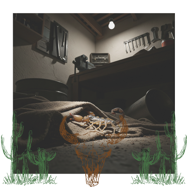 A dark, shadowy corner of a garage, with a scorpion partially visible among some clutter