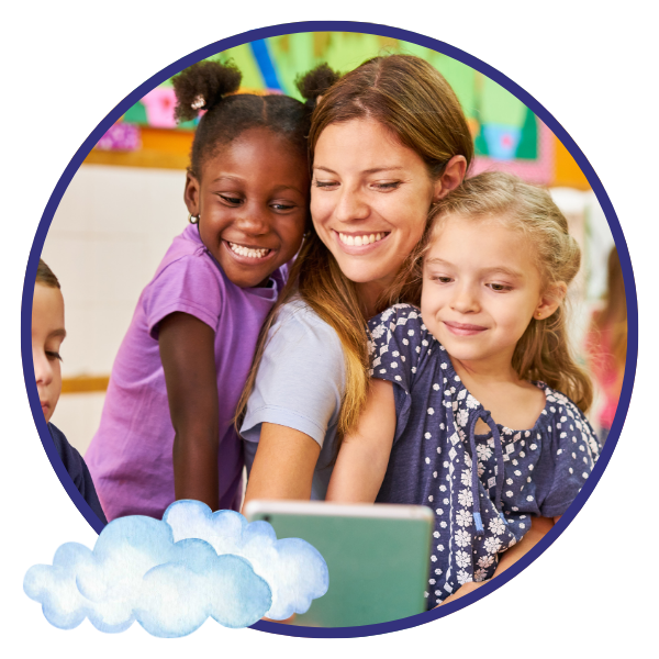 Toddlers and teacher learning together and smiling