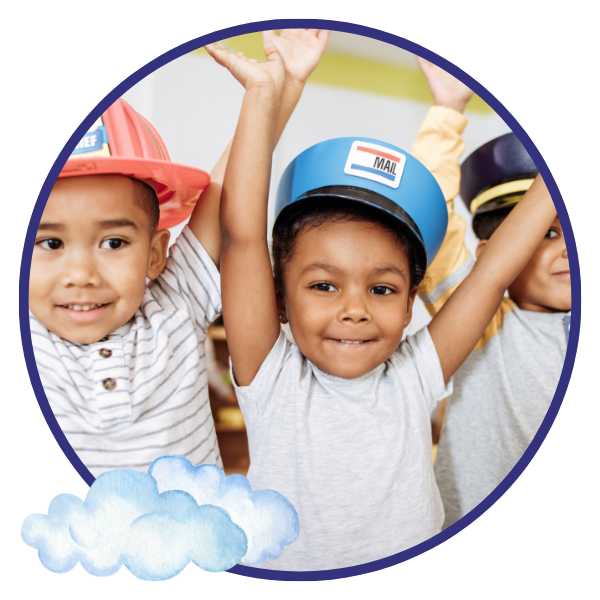 three Children at daycare wearing a firefighter, mailman, and police hats