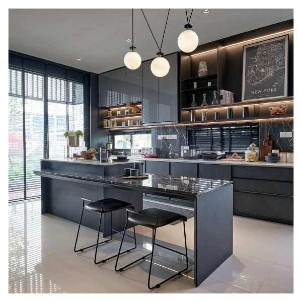 Modern kitchen with island, stools, and dark cabinets