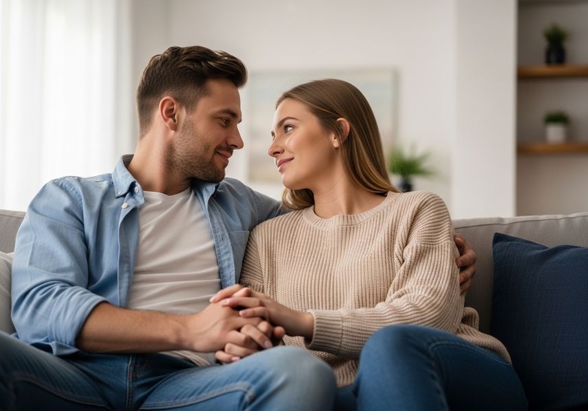 A young couple sits closely together on a gray sofa in a brightly lit living room. The man, with short brown hair and a light beard, wears a blue button-down shirt over a white t-shirt and jeans. The woman, with long blonde hair, wears a beige sweater and jeans. They hold hands and gaze into each other's eyes, conveying a sense of love and connection in a cozy home setting. Affectionate Couple Gazing into Each Other's Eyes on Sofa