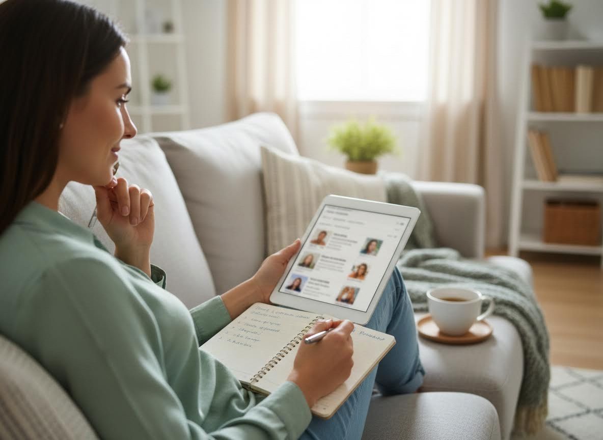 Woman connecting online and taking notes at home