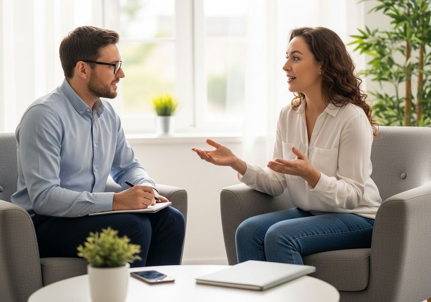 In a brightly lit office, a woman sits in a grey armchair, gesturing with her hands as she speaks to a therapist. The therapist, a man with glasses, sits across from her, taking notes in a notebook. A round table sits between them, holding a cell phone and a closed notebook. Woman Talking to Therapist