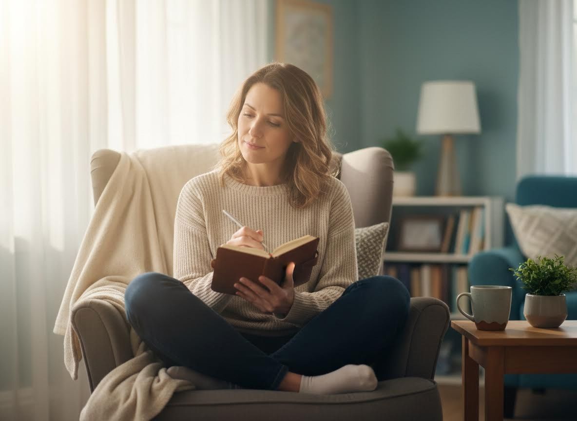 Woman journaling in a cozy armchair