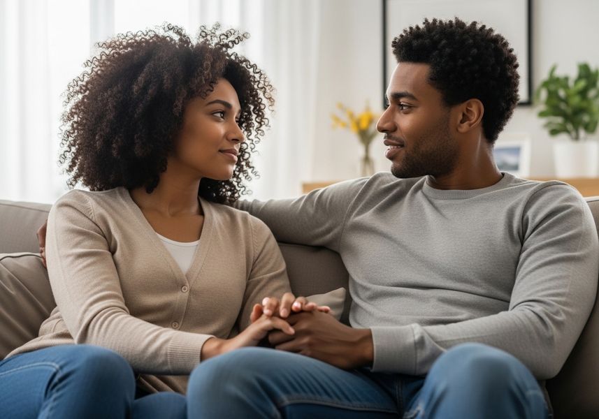 A young couple with dark curly hair sits close together on a gray couch, holding hands and gazing at each other with affection in a brightly lit living room. Couple sitting on couch holding hands
