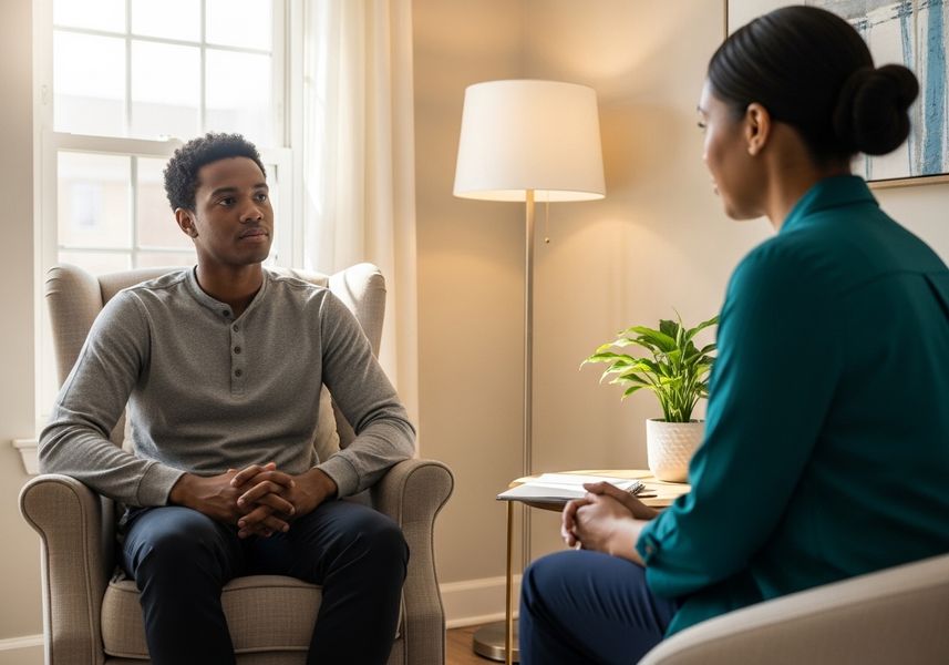 A young man sits in a comfortable armchair across from a therapist in a well-lit office setting, suggesting a therapy session. The scene includes a window, a lamp, and a small table with a plant, creating a calming and professional atmosphere for mental health support. Man in Therapy Session