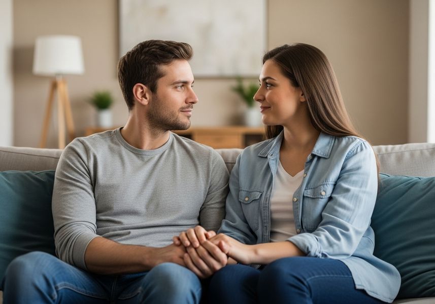 A young couple, dressed casually in jeans and t-shirts, sit closely together on a couch with blue cushions, holding hands and gazing affectionately at each other in a cozy living room setting. Young couple holding hands on couch