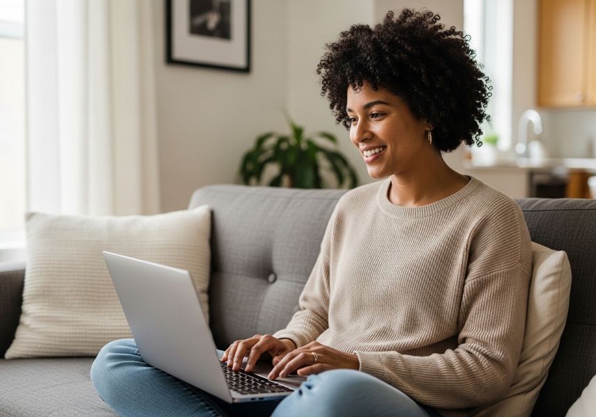 A smiling woman with dark curly hair sits comfortably on a gray sofa, working on a laptop. She wears a tan sweater and blue jeans. A decorative pillow rests behind her, and a framed picture and a plant are visible in the background, suggesting a cozy home environment. Smiling Woman Working on Laptop at Home