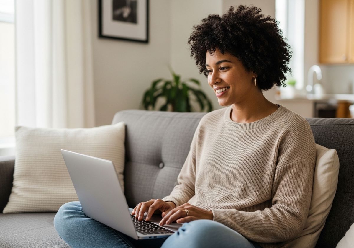 Smiling Woman Working on Laptop at Home