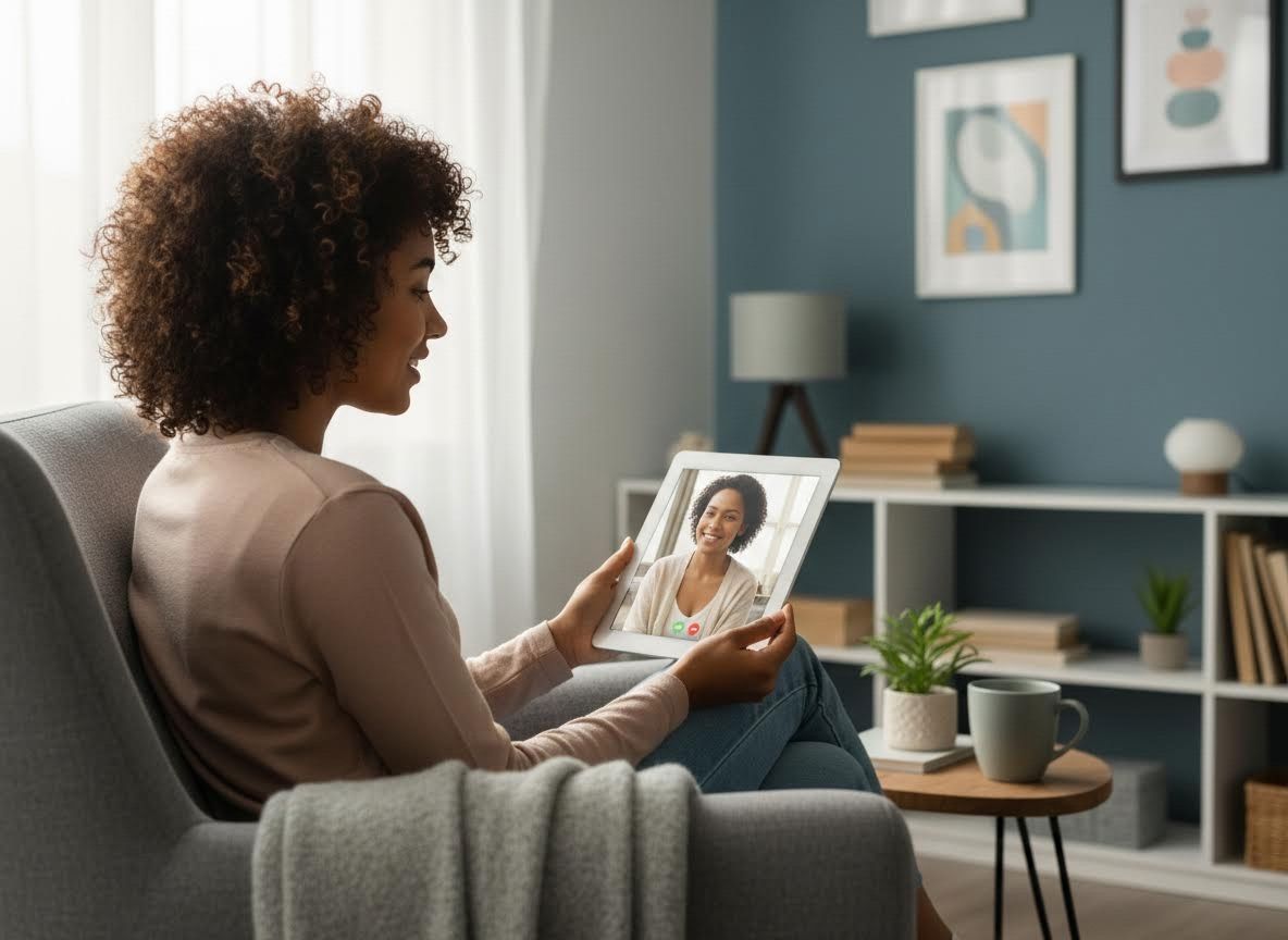 Woman video calling on a tablet from her living room
