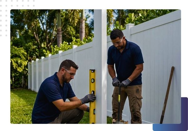 contractor using a spirit level while installing a black aluminum fence post