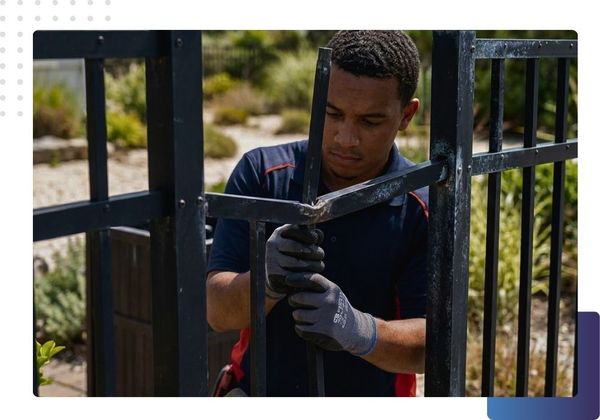 repair technician working to restore a damaged aluminum fence section