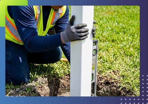 installer carefully lowering a white PVC fence post into a freshly dug hole