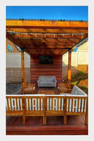 New wood pergola with couches and tv