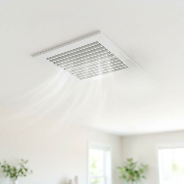 A clean white ceiling air vent symbolizing high indoor air quality and fresh circulation.