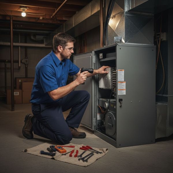 an hvac technician performing maintenance on a basement unit