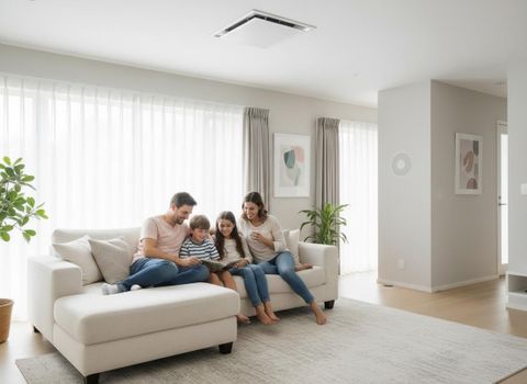 Family enjoying time together in a living room with a ceiling air conditioner