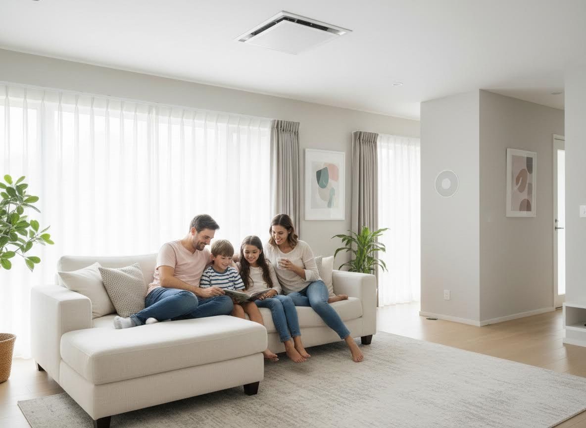 Family enjoying time together in a living room with a ceiling air conditioner